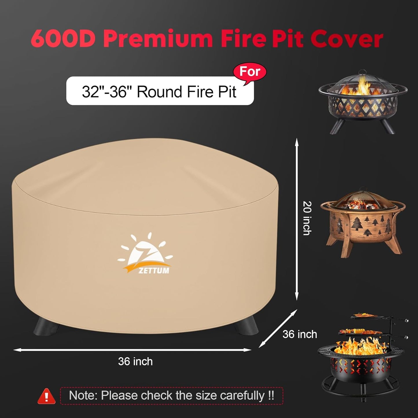 Fire Pit Cover Round 36 Inch - Outdoor Firepit Cover Waterproof & Heavy Duty, 600D Patio Fire Table Cover Gas Fire Pit Accessories Fade & Weather Resistant - 36 x 36 x 20 Inch