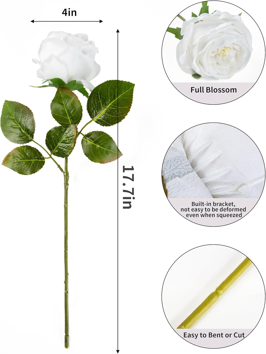 DuHouse 5Pcs Silk Roses Fake White Roses with Stems Real Touch Rose Artificial Flowers for Arrangement Wedding Party Home Decoration