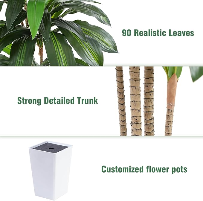 Artificial Dracaena Tree with White Tall Planter, 5ft Tall Potted Artificial Dracaena Silk Plant, Fake Yucca Tree Plant, Home Office Floor Room Decor Plants Indoor Outdoor, Housewarming Gift