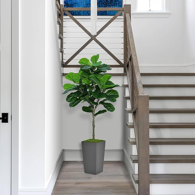 Fiddle Leaf Fig Tree Artificial 5FT - Faux Fiddle Leaf Fig Tree with Gray Tall Planter - Fake Ficus Lyrata Floor Plant Potted - Artificial Fig Tree for Home Office Living Room Decor Indoor