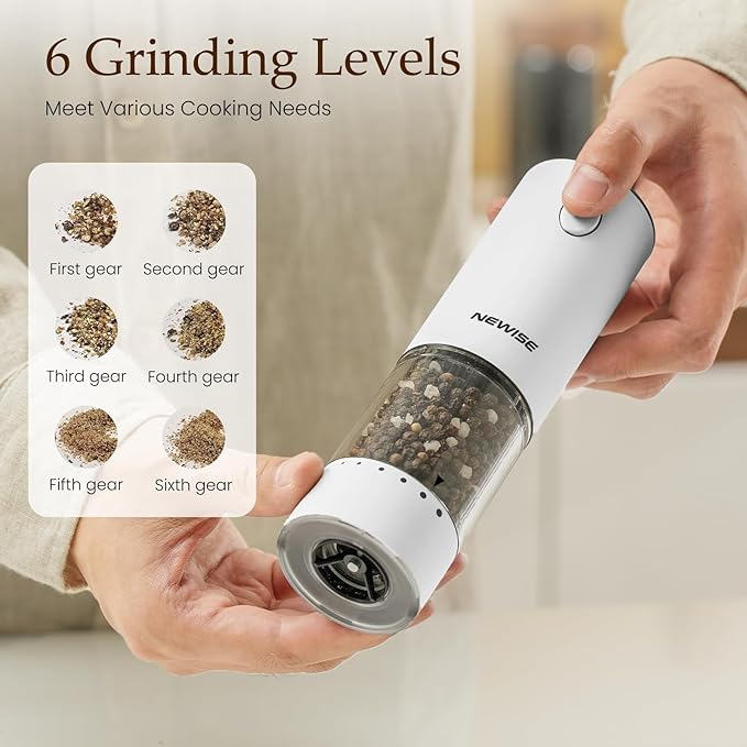 Rechargeable Electric Salt and Pepper Grinder Set, Adjustable Coarseness & LED Light, Stainless Steel Battery-Free Mill, Large Capacity, Gift Idea for Cooking - Black/White