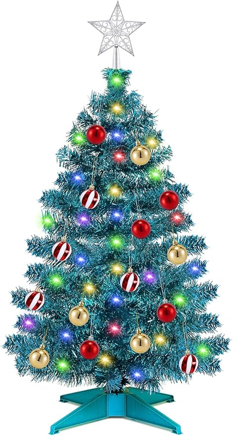 [ Timer & 12 Modes ] 3 Ft Blue Christmas Tree with DIY 50 Warm White & Multi Color Lights 15 Ball Ornaments 3D Star Remote Control Battery Operated Pencil Full Tree Xmas Christmas Decorations Table