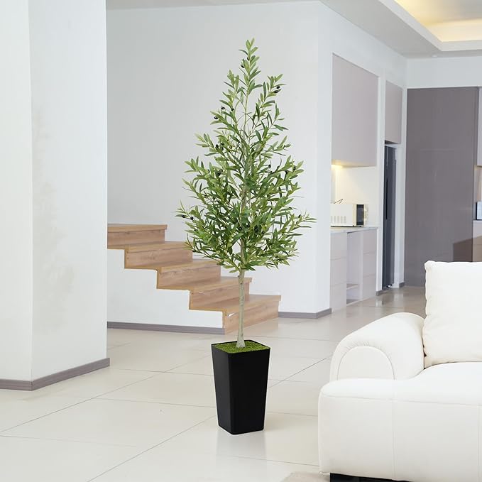 PeoDeco Artificial Faux Olive Tree 6ft Tall Realistic Fake Floor Green Silk House Potted Plants Large for Bedroom Living Room Home Office Decor Indoor Outdoor with Pot