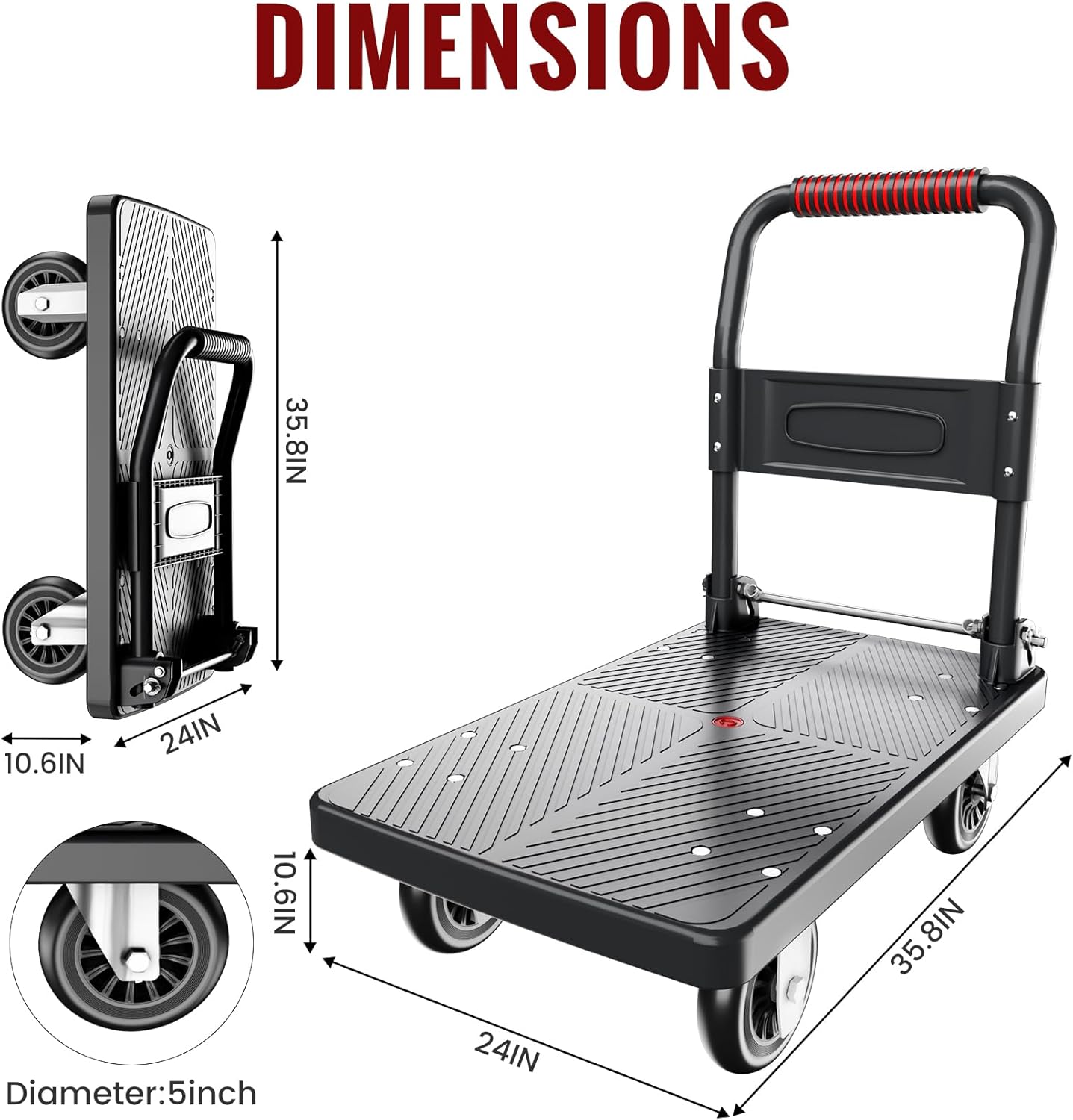Upgraded Foldable Push Cart Dolly | 880 lbs.Capacity Moving Platform Hand Truck | Foldable for Easy Storage | 5'' PU 360 Degree Swivel Silent Wheel-Black
