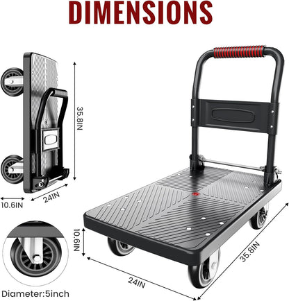 Upgraded Foldable Push Cart Dolly | 880 lbs.Capacity Moving Platform Hand Truck | Foldable for Easy Storage | 5'' PU 360 Degree Swivel Silent Wheel-Black