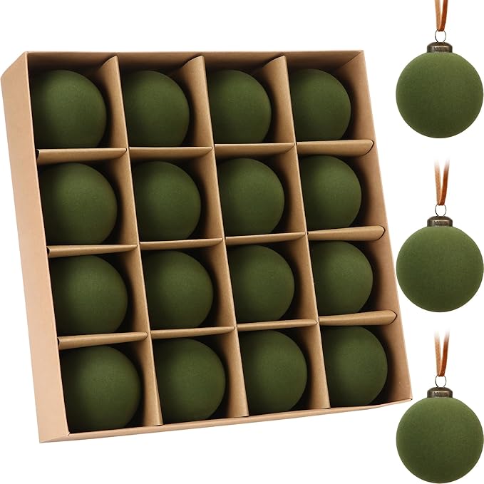 Sea Team 16-Pack Flocked Velvet Christmas Tree Ball Ornaments Set, Hanging Velour Baubles, Shatterproof Plastic Decorations for Xmas Tree, Wreath, Garland, 80mm/3.15 Inches, Olive Green