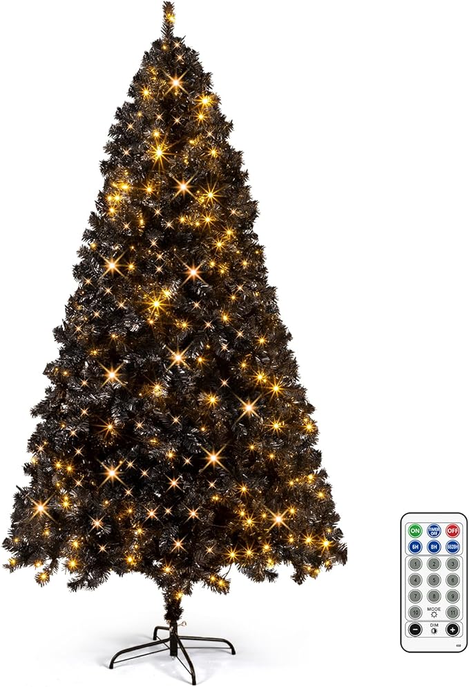 VINGLI 7ft Black Artificial Christmas Pine Tree with 400 Warm White Lights, Pre-Lit Xmas Tree with 1350 Full Branch Tips, Sturdy Metal Stand, 8 Color Modes for Holiday & Party Decor
