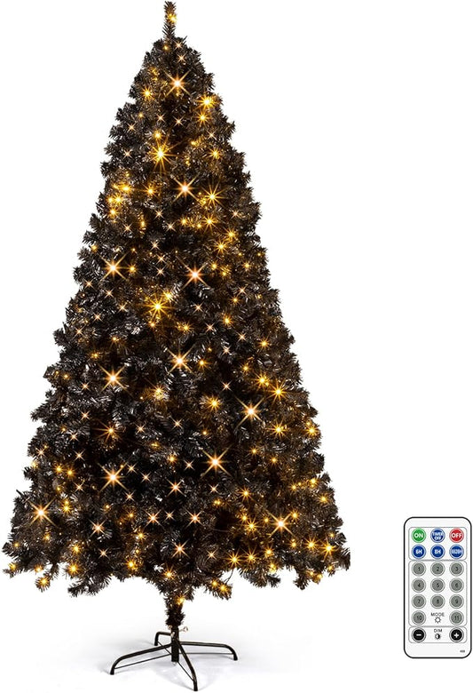 VINGLI 7ft Black Artificial Christmas Pine Tree with 400 Warm White Lights, Pre-Lit Xmas Tree with 1350 Full Branch Tips, Sturdy Metal Stand, 8 Color Modes for Holiday & Party Decor