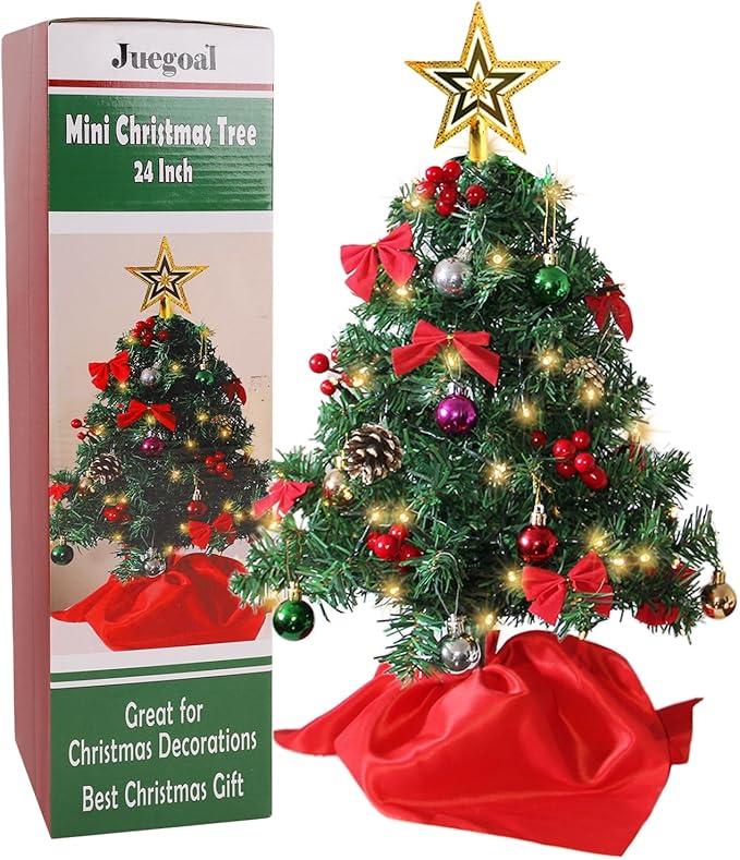 Juegoal 24 Inch Mini Christmas Tree Set, Table Top Artificial Christmas Trees with 50 LED Lights, Ornaments and Red Berries, Best DIY Christmas Decorations