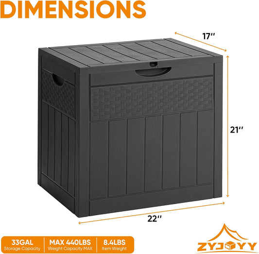 33 Gallon Resin Deck Box, Weatherproof Outdoor Storage Box for Patio, Garden, Pool, and Yard, Lockable Waterproof Bin for Tools, Cushions, and Accessories, Black