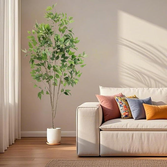 Artificial Fake Ficus Tree 6FT Tall 1Pack with White Planter & Free Moss, Artificial Plants Indoor, Artificial Trees for Home Decor Indoor, Faux Ficus Tree