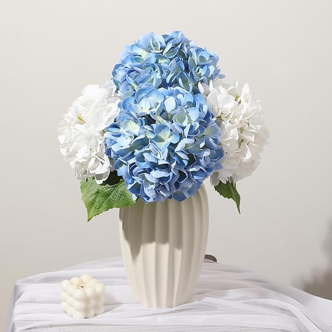 Nubry 22.44In Hydrangea Artificial Flowers, 4Pcs Latex Faux Real Touch Large Hydrangea Flowers with Long Stems & Leaves for Home Office Decor Wedding Party Arrangements(White&Blue)