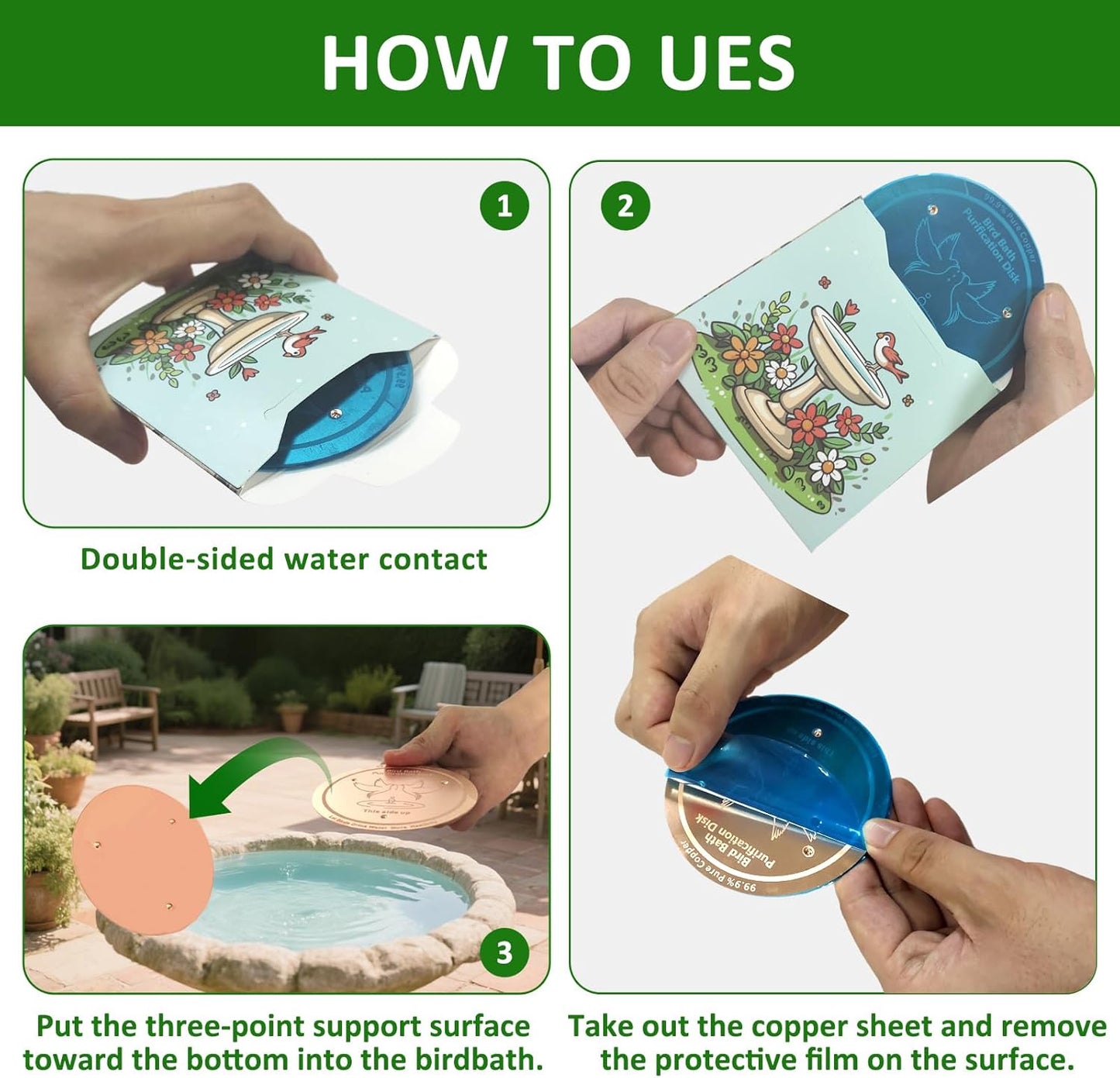 Bird Bath Copper Disk, 99.99% Pure Copper with Triple-Point Support, Physical Safe Clean Water for Outdoor Birdbaths & Bowls, All-Season Use, Reinforced Design