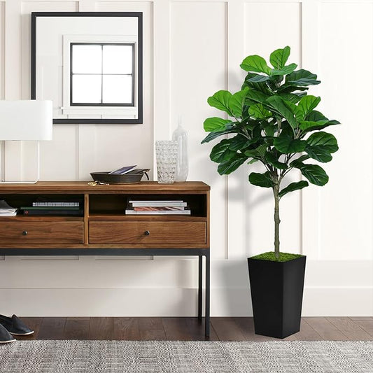 Fiddle Leaf Fig Tree Artificial 5FT - Faux Plant With Black Tall Planter - Fake Ficus Lyrata Floor Plant in Pot for Home Office Living Room Decor Indoor