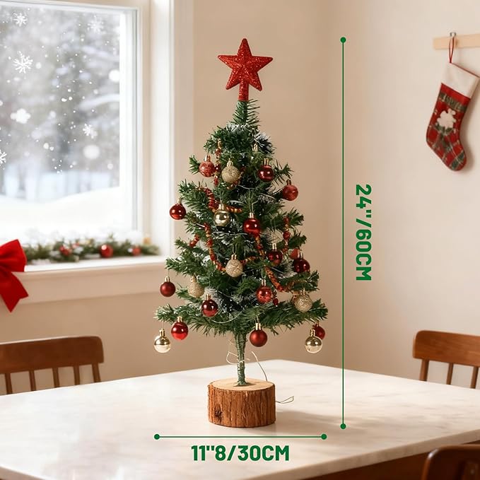 Christmas Tree, Tabletop Christmas Tree with Lights, Christmas Decoration MIni Xmas Trees Artificial Desktop Trees Wood Base Small Christmas Trees (2FT, Remote Control)