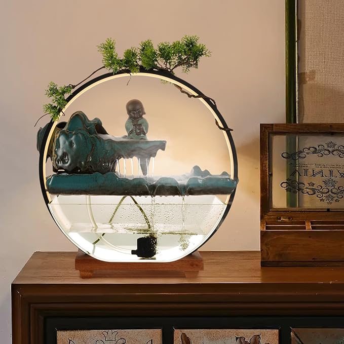 Backflow Incense Holder with Water Fountains and LED Light Indoor Water Fountains Tabletop Waterfall Fountains Desk Fountain for Feng Shui Wealth Boom with Mist for Home Office Bedroom (A)