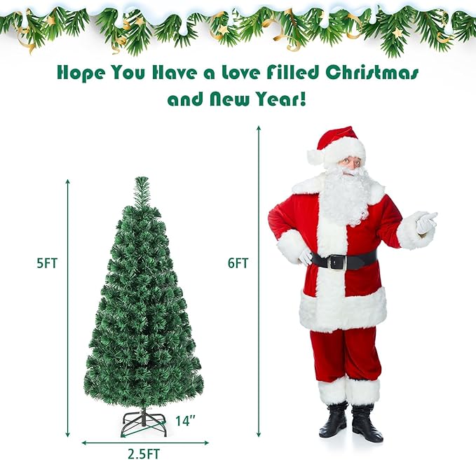 HAPPYGRILL 5FT Pre-Lit Fiber Optic Christmas Tree Artificial Christmas Tree with 170 PVC Tips, Green Xmas Tree with LED Lights for Indoor Outdoor Festival Decor