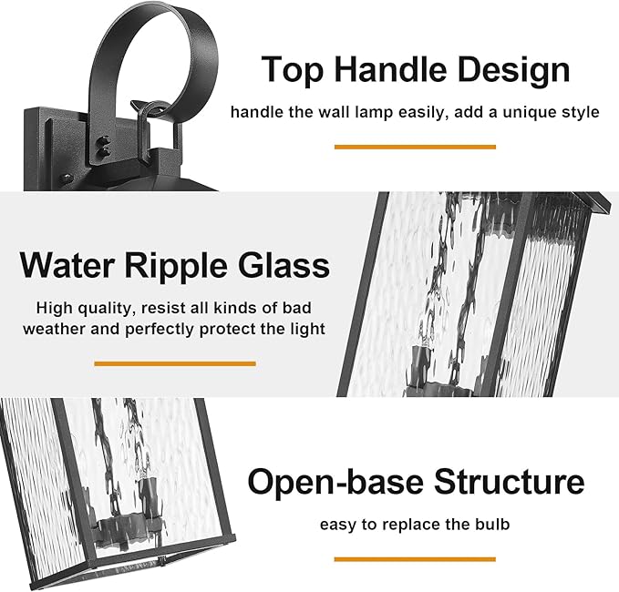 Large Outdoor Wall Lights Fixtures Wall Mount, 21.65" Large Outdoor Lanterns for Porch Light Fixture 2-Light, Modern Exterior Lighting Fixtures with Water Ripple Glass for Outside Patio