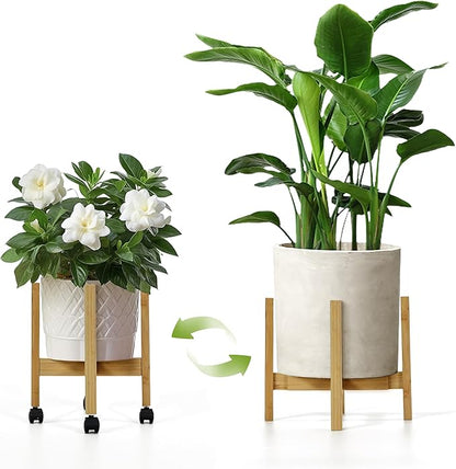 Adjustable Plant Stand Indoor with Detachable Wheels Bamboo Mid Century Modern Plants Stands Expandable Plug in Assemble Flower Pot Stand,Fit 9.25" to 11.61", Natural