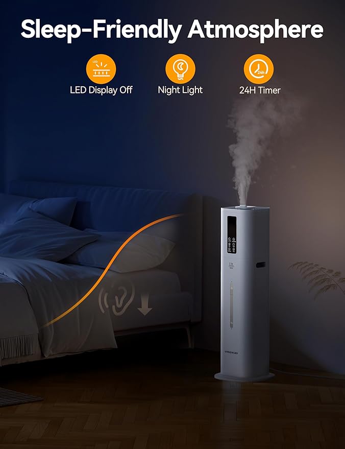 VAGKRI 12L Humidifiers for Large Room, Last 120 Hours, Cover up to 1000ft², Top Fill Ultrasonic Cool Mist Humidifier, 3 Mist Level, 24H Timer, Essential Oil Diffuser Humidifiers For Bedroom, Home