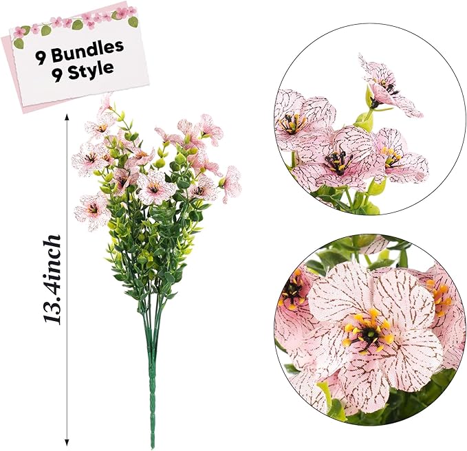 ilauke 9 Bundles Artificial Flowers for Outdoors, Fake Flowers UV Resistant, No Fade Faux Flower Plants 9 Colors with Eucalyptus, Plastic Flower Outside Planter Garden Porch Patio Home Wedding Decor