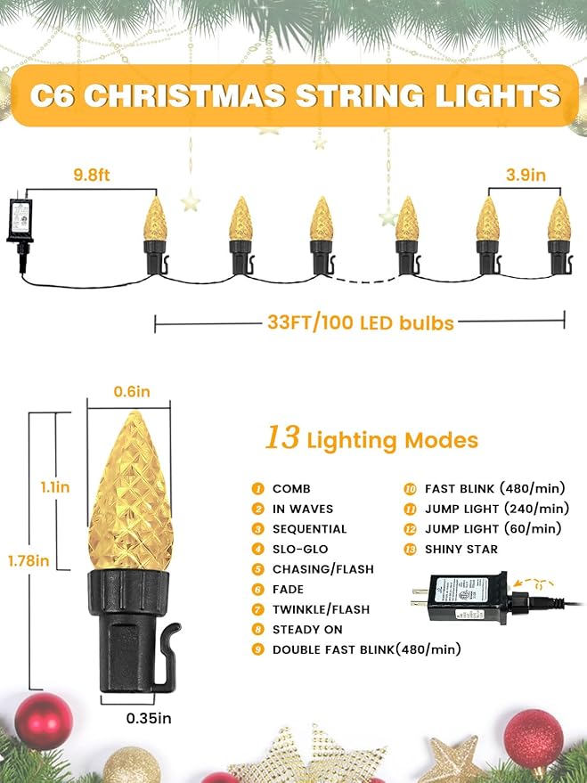2 Pack C6 Christmas Lights Outdoor Indoor, Total 200 LED 66 FT Connectable Christmas String Lights with Timer & 13 Modes, Waterproof Twinkle Light for Xmas Tree Party Wedding Decorations (Warm White)