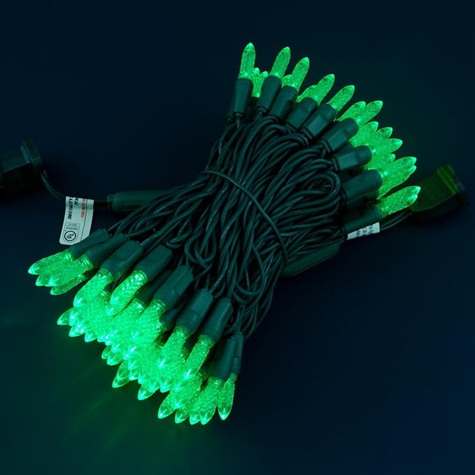 100 Green Faceted One-Piece LED Christmas Lights, 33 ft Green Cord High Waterproof UL Certified M6 Outdoor String Lights
