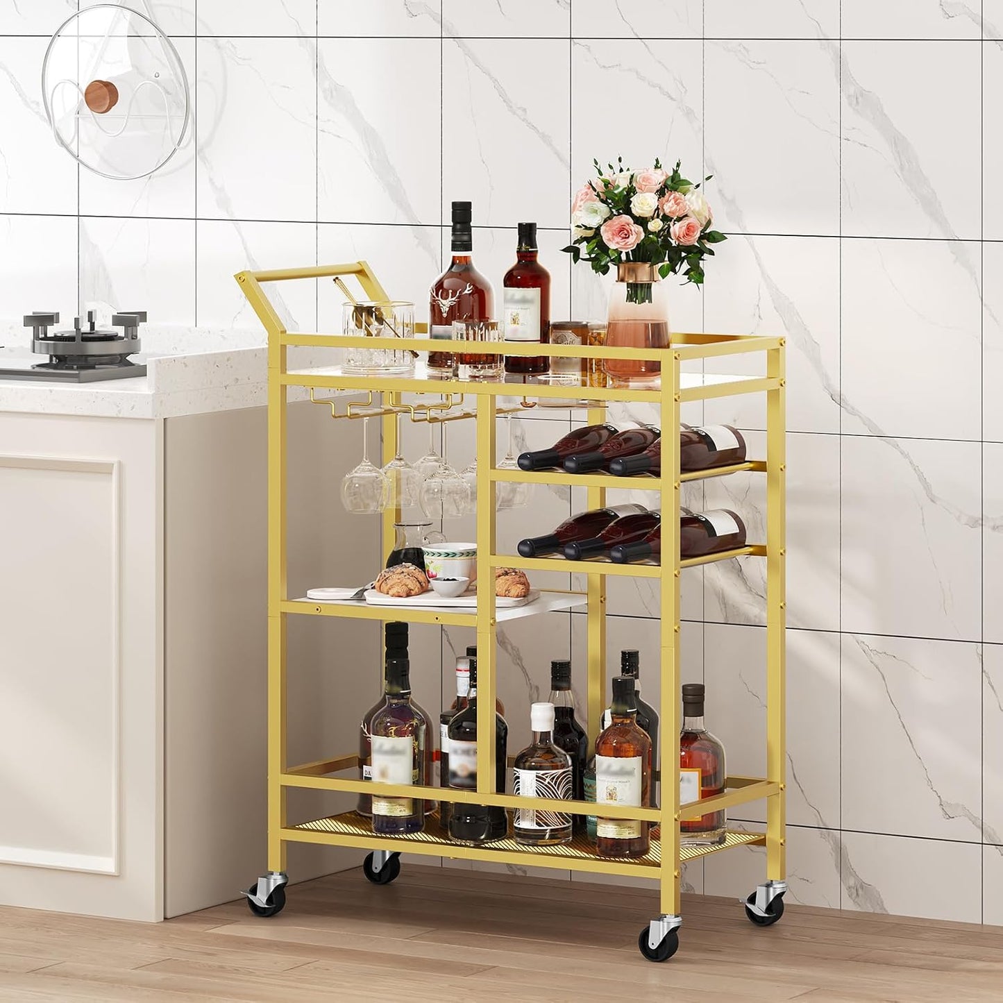 Bar Cart for Home, 3-Tier Serving Cart with Mirrored Top, Beverage Cart with Wine Rack and Glass Holder, Drink Cart with Wheels, for Dining Room, Living Room, Gold and White RCJM7101