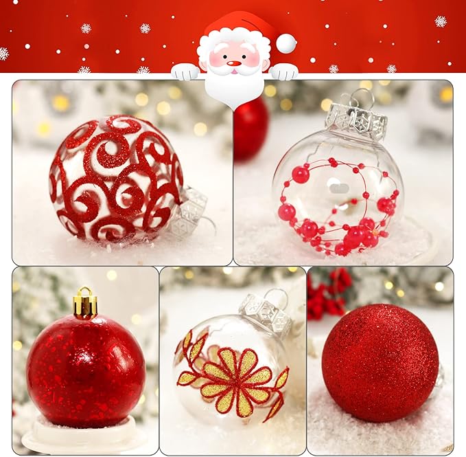 60mm/2.36inch Clear Christmas Ball Ornaments Set, 30 ct Red Christmas Ornaments Balls for Christmas Tree Decorations Shatterproof Transparent Baubles with Delicate Stuffed Decoration for Wedding Party