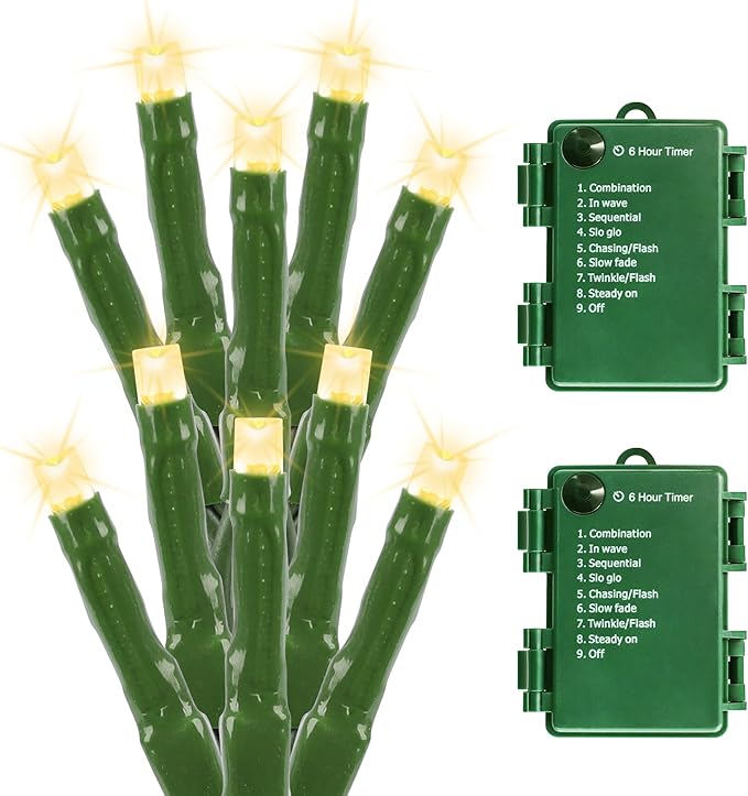 Battery Operated Christmas Lights 33 FT 100 LED Mini String Lights with Timer and 8 Modes for Gardens Courtyards Trees Warm White 2 Pack