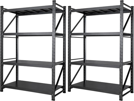 Set of 2 Storage Shelves, 4 Tier Heavy Duty Garage Shelving Units, 48” Wide Rack Shelf, 3000LBS Steel Industrial Shelving, 24” Deep Adjustable Standing Shelf for Warehouse 24" D x 48" W x 70" H Black