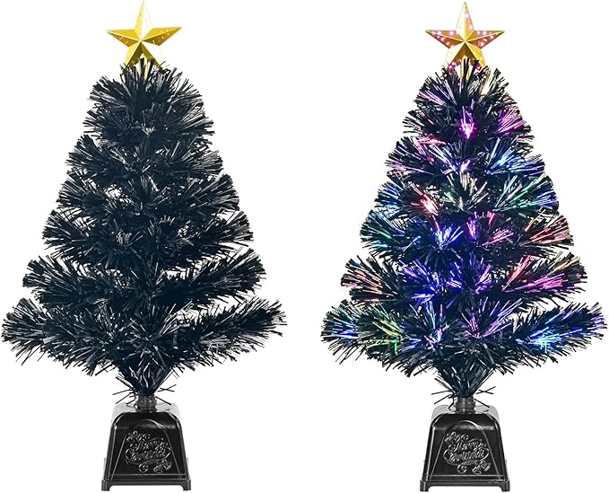 24inch Black Fiber Optic Christmas Tree,Pre-Lit Artificial Mini Christmas Tree, Tabletop Small Xmas Tree with Stars Holiday Home Decorations