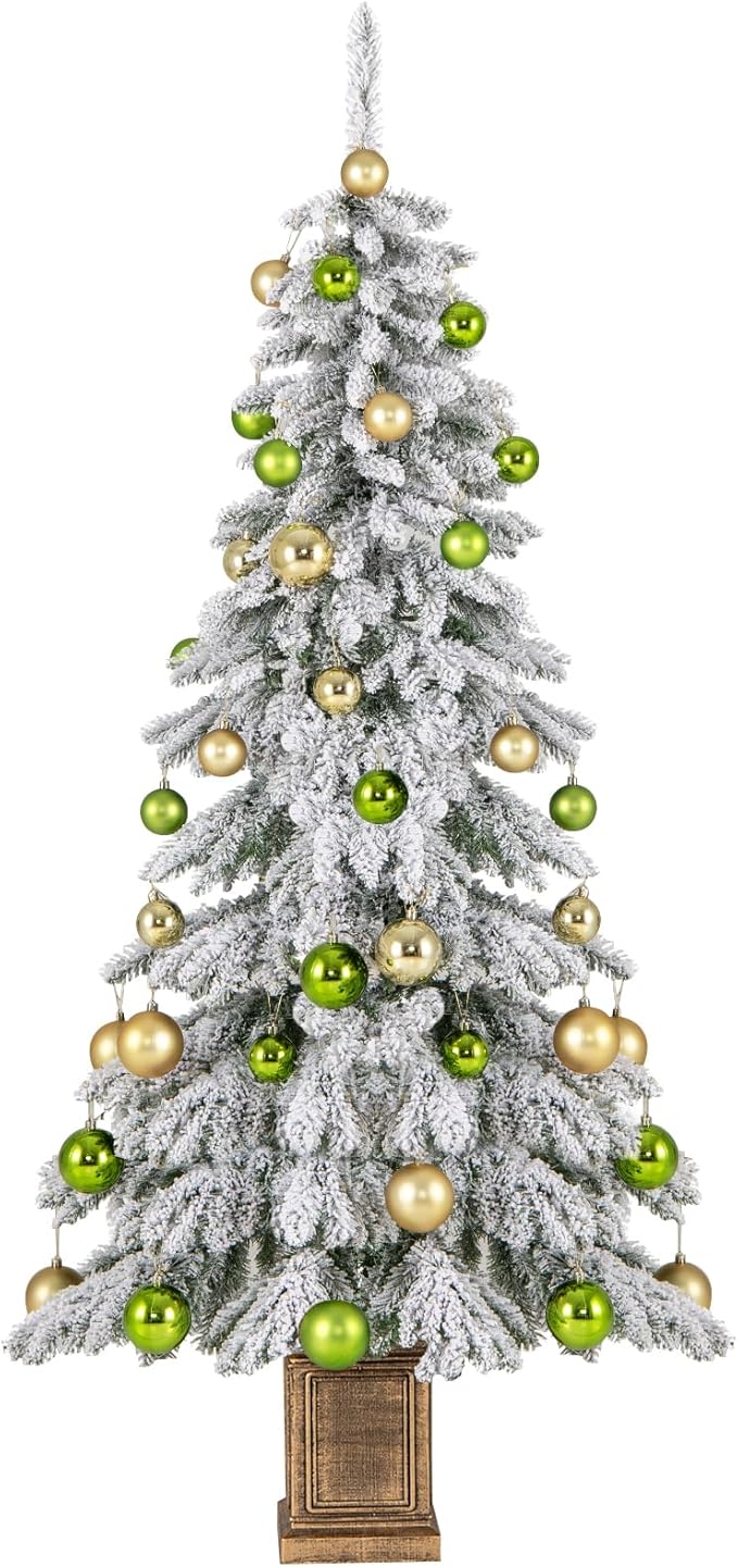 GOFLAME 6FT Potted Artificial Christmas Tree, Snow Flocked Xmas Tree with 589 Branch Tips, 48 Decorative Balls & Vintage Flowerpot, Hinged Holiday Decoration Tree for Home Party Entrance