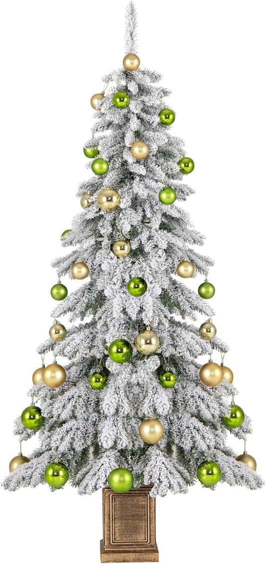GOFLAME 6FT Potted Artificial Christmas Tree, Snow Flocked Xmas Tree with 589 Branch Tips, 48 Decorative Balls & Vintage Flowerpot, Hinged Holiday Decoration Tree for Home Party Entrance