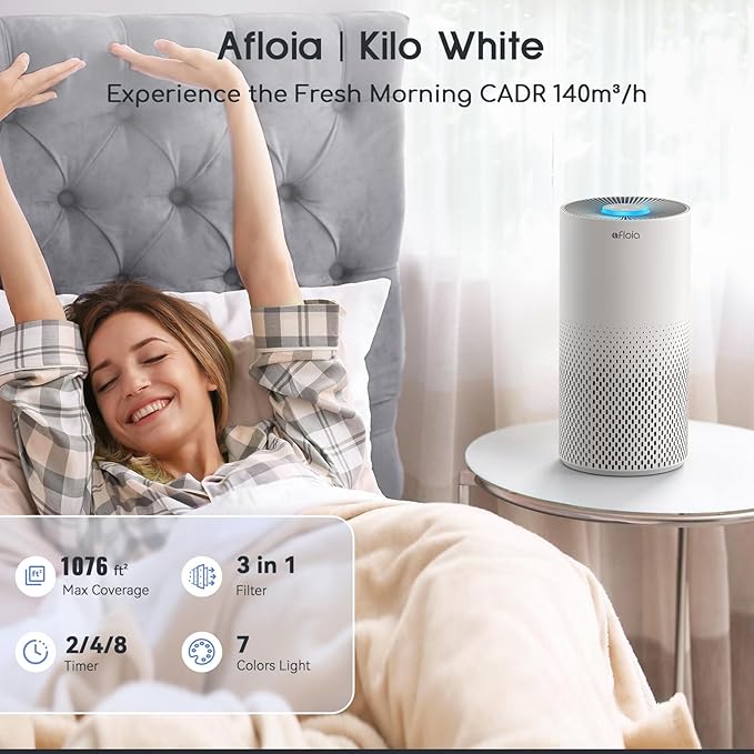 Afloia Air Purifiers for Home Bedroom Large Room Up to 1076 Ft², 3-Stage Filter Cleaner Odor Eliminator, Remove Pets Dust Dander Hair Allergy Mold Pollen Smoke Smell, Quiet 22 dB, 7 Colors Night Light