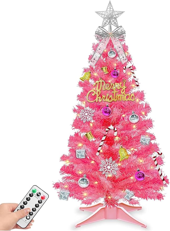 3 Ft Pink Valentine's Day Tree with Dual Color Change Lights Timer Remote, 3D Star&44Ornaments, 8 Modes 50 Warm&Colorful Change Lights Battery Operated, Small Mini Tree Table Indoor Holiday Home Decor