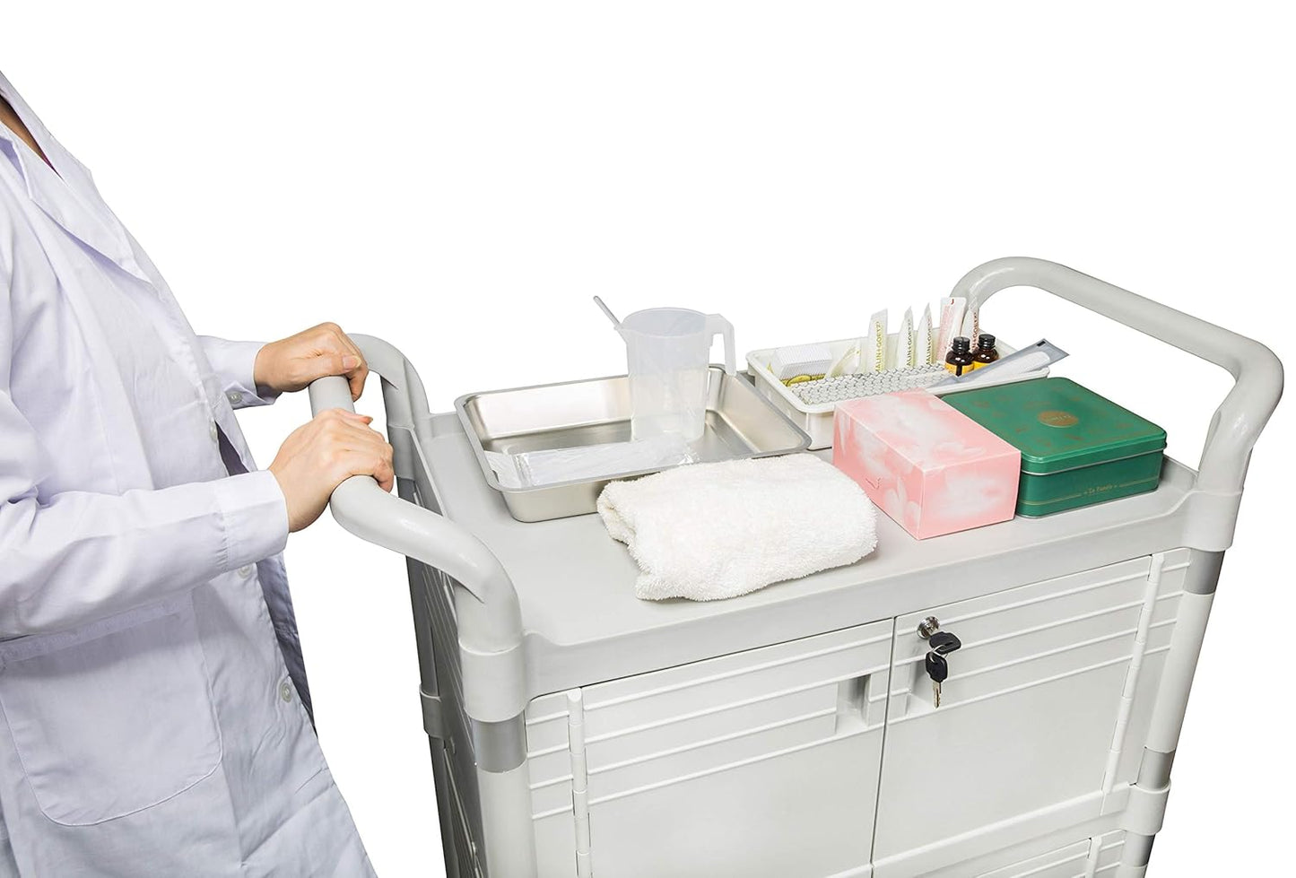 [JaboEquip] Commercial Double Lockable Medical Cart 3 Shelf Hospital Cart L34.43xD19.69xH40.55 inch Off-White (Light Grey) Color