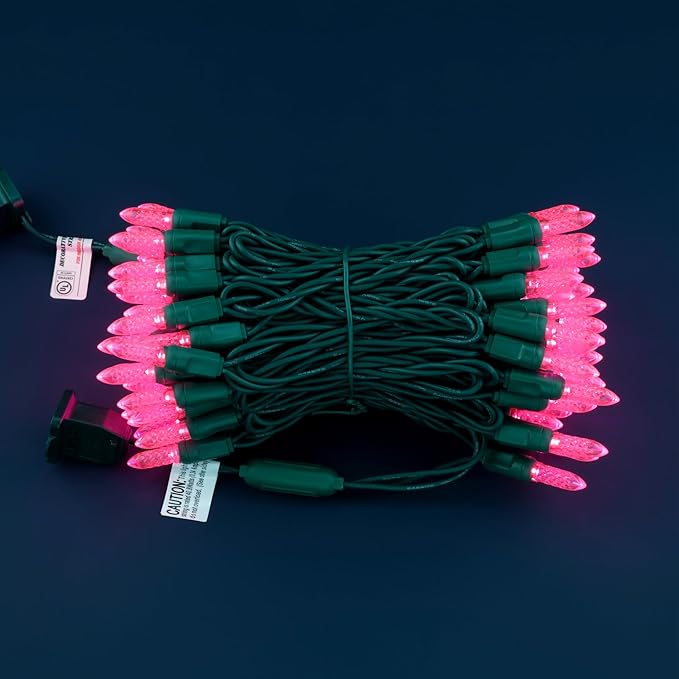 100 Pink Faceted One-Piece LED Christmas Lights, 33 ft Green Cord High Waterproof UL Certified M6 Outdoor String Lights (Pink)