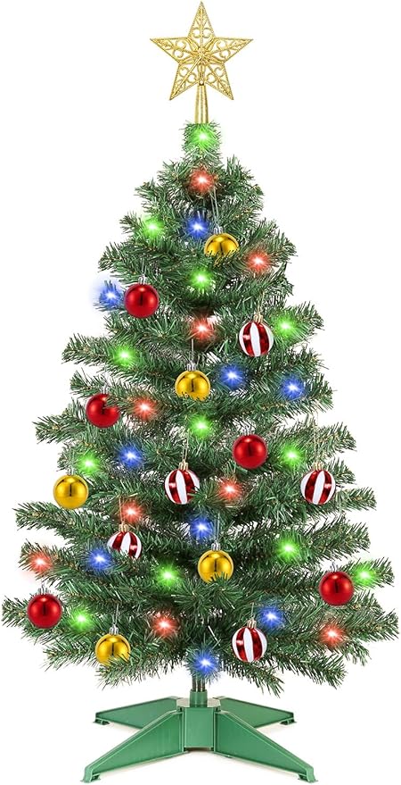 [ Timer & 12 Modes ] 3 Ft Christmas Tree with 50 Warm White & Multi Color Lights 15 Ball Ornaments 3D Star Remote Control Battery Operated Small Christmas Tree Xmas Christmas Decorations (Green PVC)