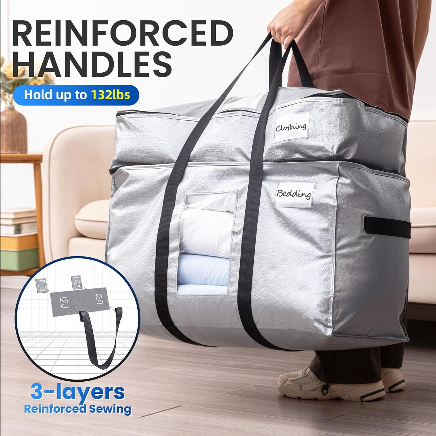 TAILI 2 Tier Extra Large Moving Bags, 4 Pack Silver Heavy Duty Totes For Storage with Visible Window, Wrap Around Handles, Storage Bags for Space Saving, Alternative to Moving Boxes