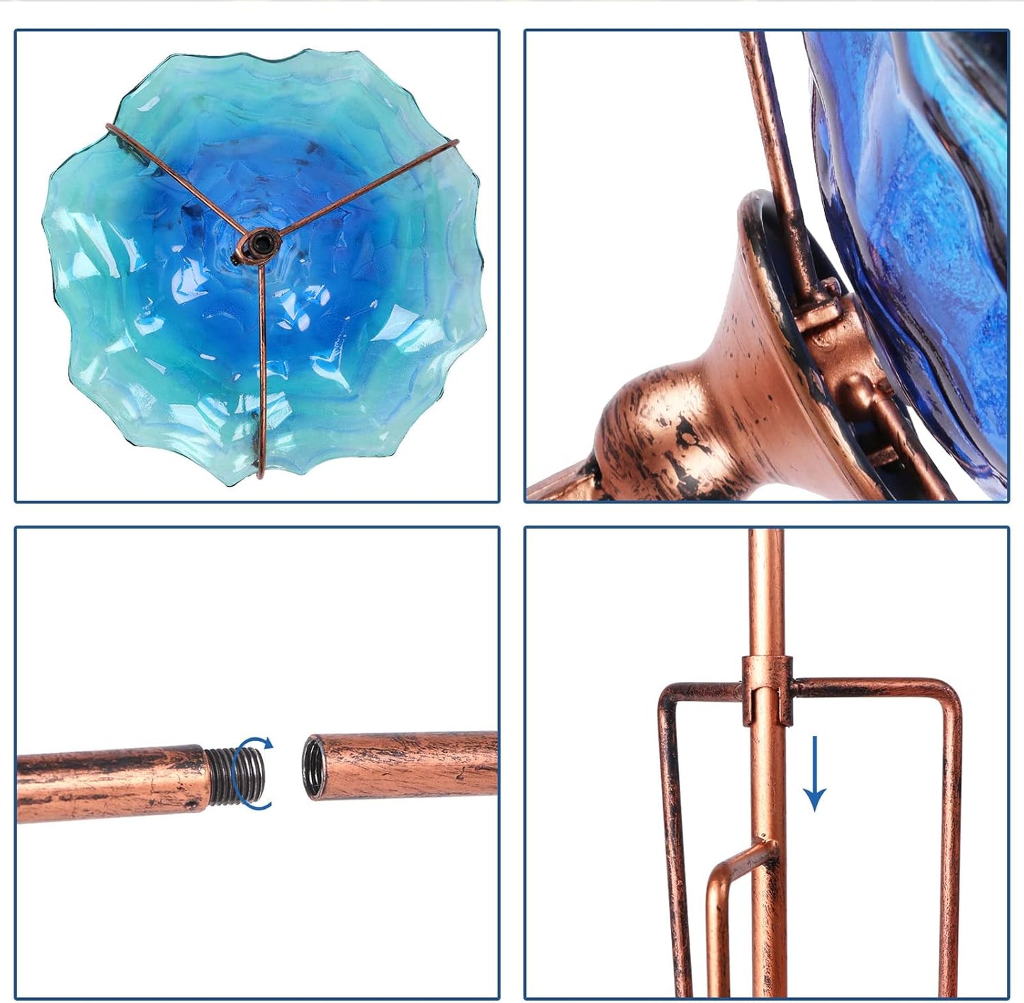 VCUTEKA Outdoor Bird Bath Glass Birdbath Garden Bird Feeder with Metal Stake Blue