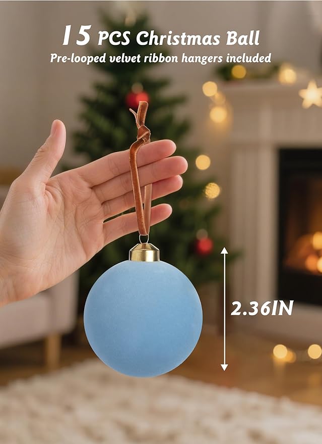 Brightown 15 Pcs Light Blue Velvet Christmas Balls, 2.36 Inch Velvet Ornaments for Christmas Tree, Christma Tree Flocked Ornaments Balls for Family Holiday Wedding Party Xmas Hanging Decoration