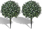 24" Artificial Boxwood Topiary Ball Bush with White Flowers, Set of 2 Artificial Shrub Bushes with Spike, Fake Evergreen Tree for Porch, Artificial Plants for Outdoor Planters Indoor UV Resistant