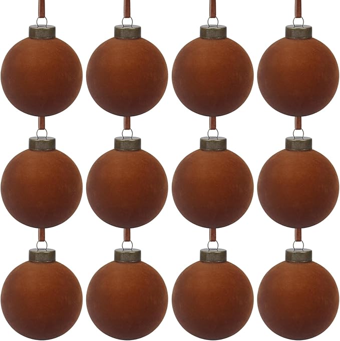 12 Pcs Velvet Christmas Balls Bulk Shatterproof Plastic Christmas Tree Decorations for Decorative Hanging Baubles (12, Brown, 2.36Inch)