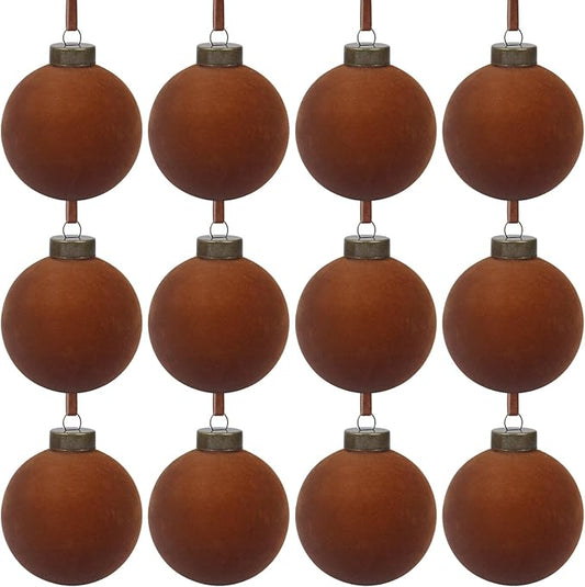 12 Pcs Velvet Christmas Balls Bulk Shatterproof Plastic Christmas Tree Decorations for Decorative Hanging Baubles (12, Brown, 2.36Inch)