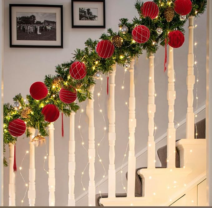 Hollyone Red Velvet Christmas Ornaments Set for Christmas Tree 3.2inch Xmas Ball Ornaments 9Pcs Flocked Balls Xmas Tree Hanging Ornament Decoration Set Shatterproof for Holiday Party Wreath Home Decor