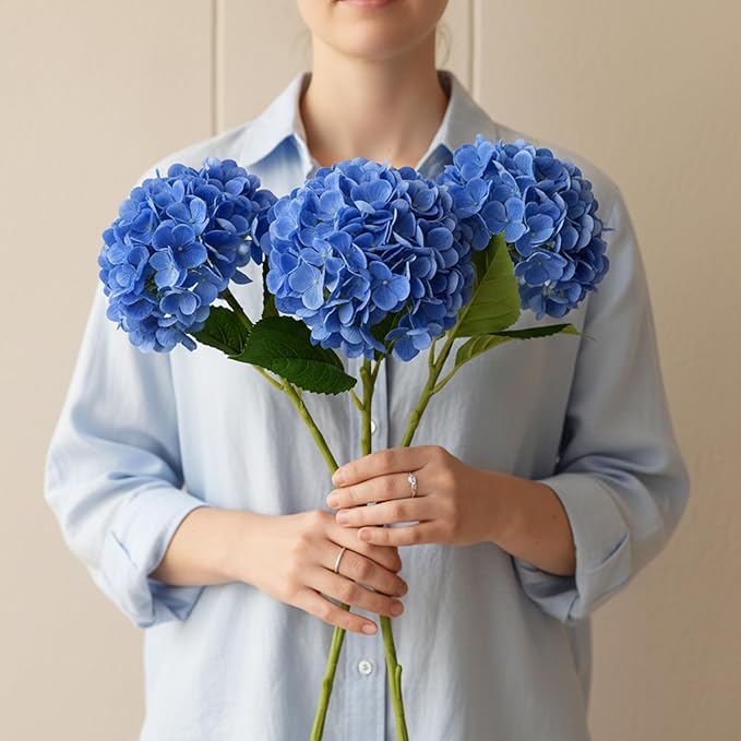 3 Pcs Blue Hydrangea Artificial Flowers, 19 inch Faux Hydrangeas Real Touch Flowers , Long Stem Artificial Flowers for Tall Vase Home Wedding Bouquets Centerpieces Party Living Room Decoration