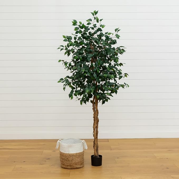 Nearly Natural 6ft. Triple Trunk Ficus Artificial Tree with Natural Trunks in Handmade Natural Jute and Cotton Basket Planter