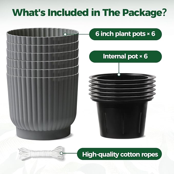 T4U 6 Inch Self Watering Pots for Indoor Plants, 6 Pack Plant Pots, Self Watering Planter for Indoor Plants, Durable Plastic Pots, Flower, Succulents (6 Pack, 6", Gray)