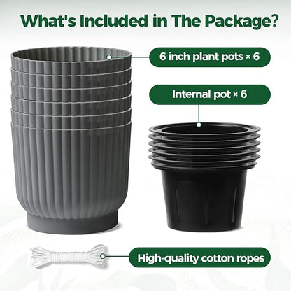 T4U 6 Inch Self Watering Pots for Indoor Plants, 6 Pack Plant Pots, Self Watering Planter for Indoor Plants, Durable Plastic Pots, Flower, Succulents (6 Pack, 6", Gray)